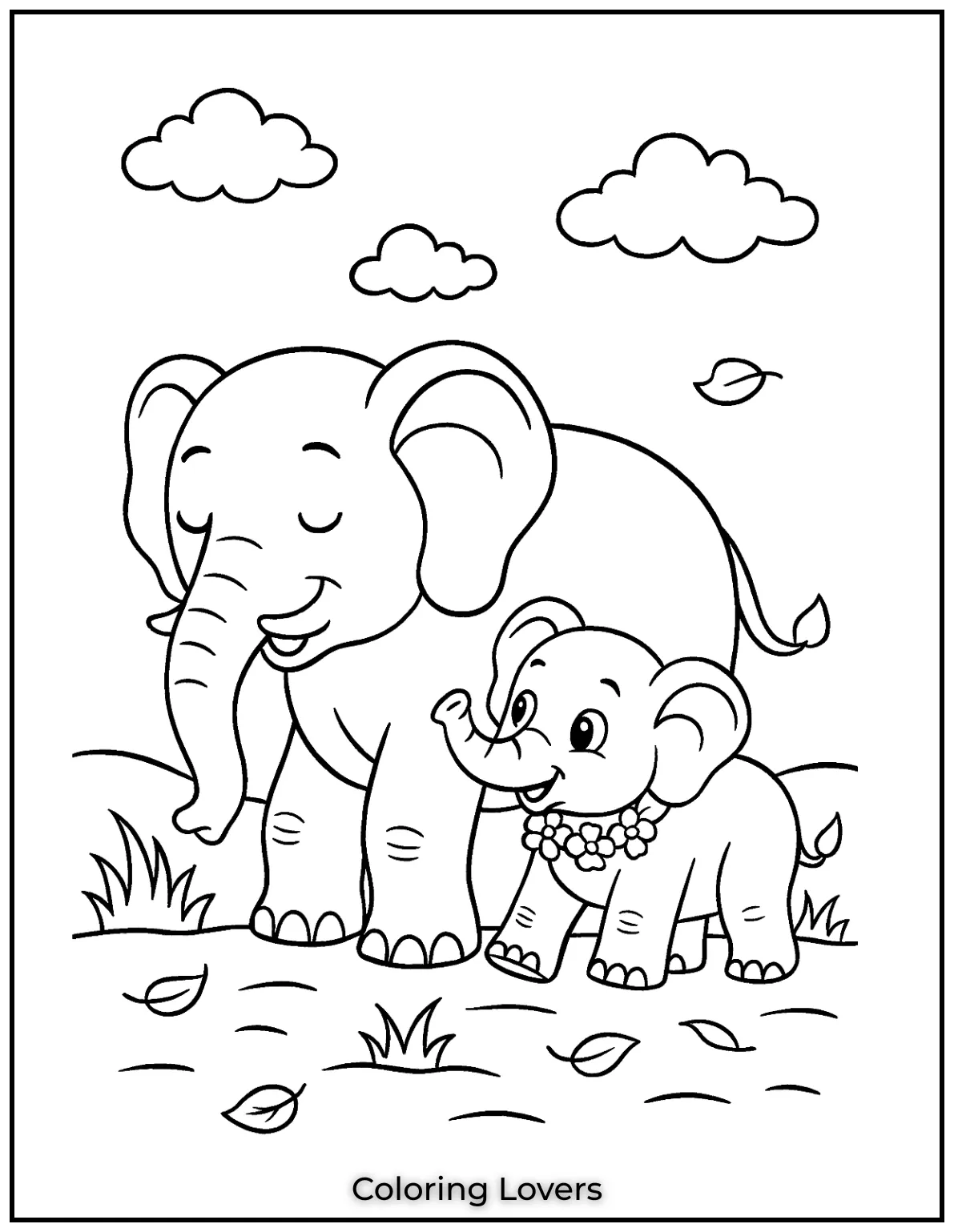 A baby elephant following its mother—a calm and peaceful moment for kids to color.
