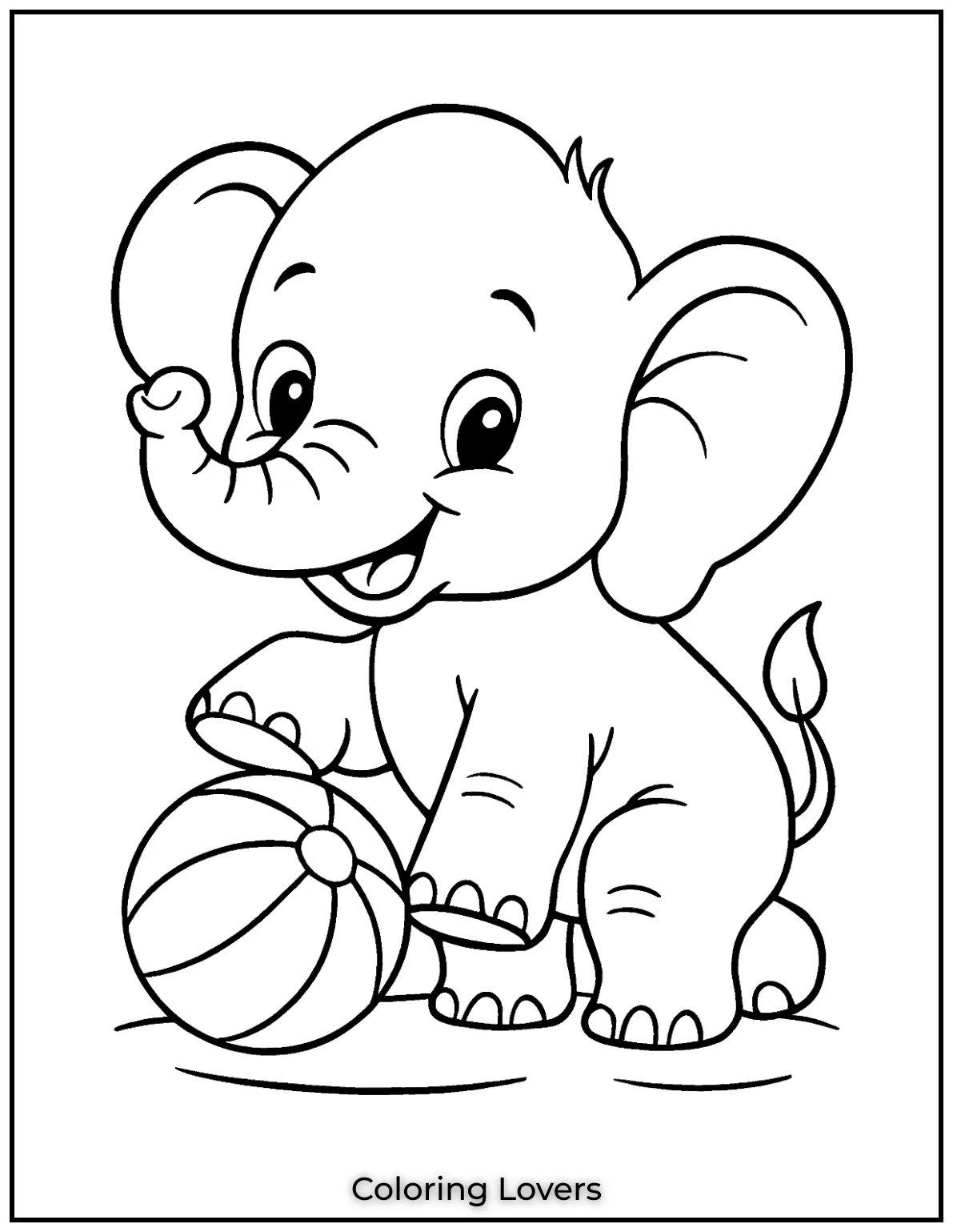 A baby elephant playing with a ball. Simple and joyful, perfect for little ones.
