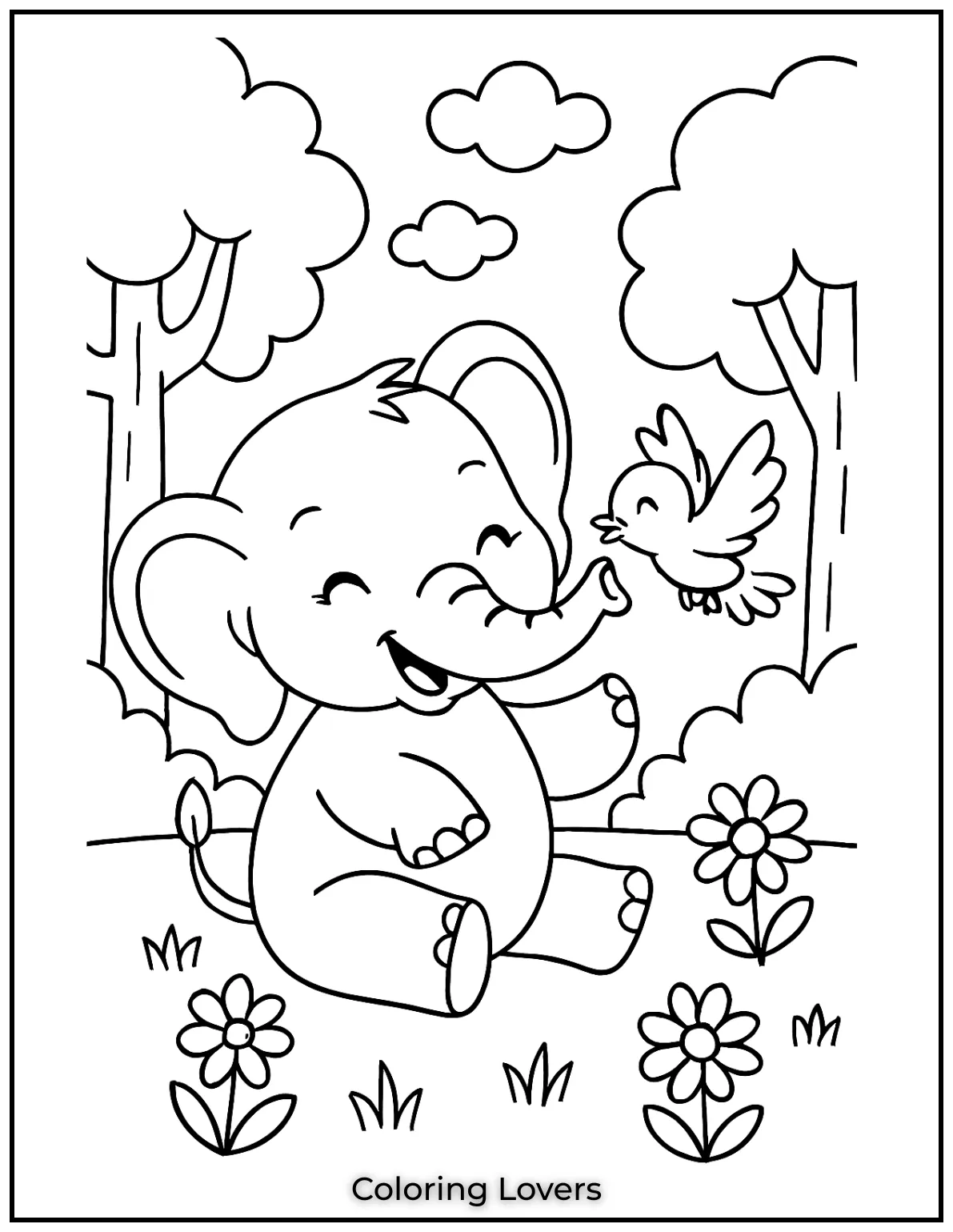 A baby elephant playing with a bird in the forest. Such a joyful scene for little ones to color.
