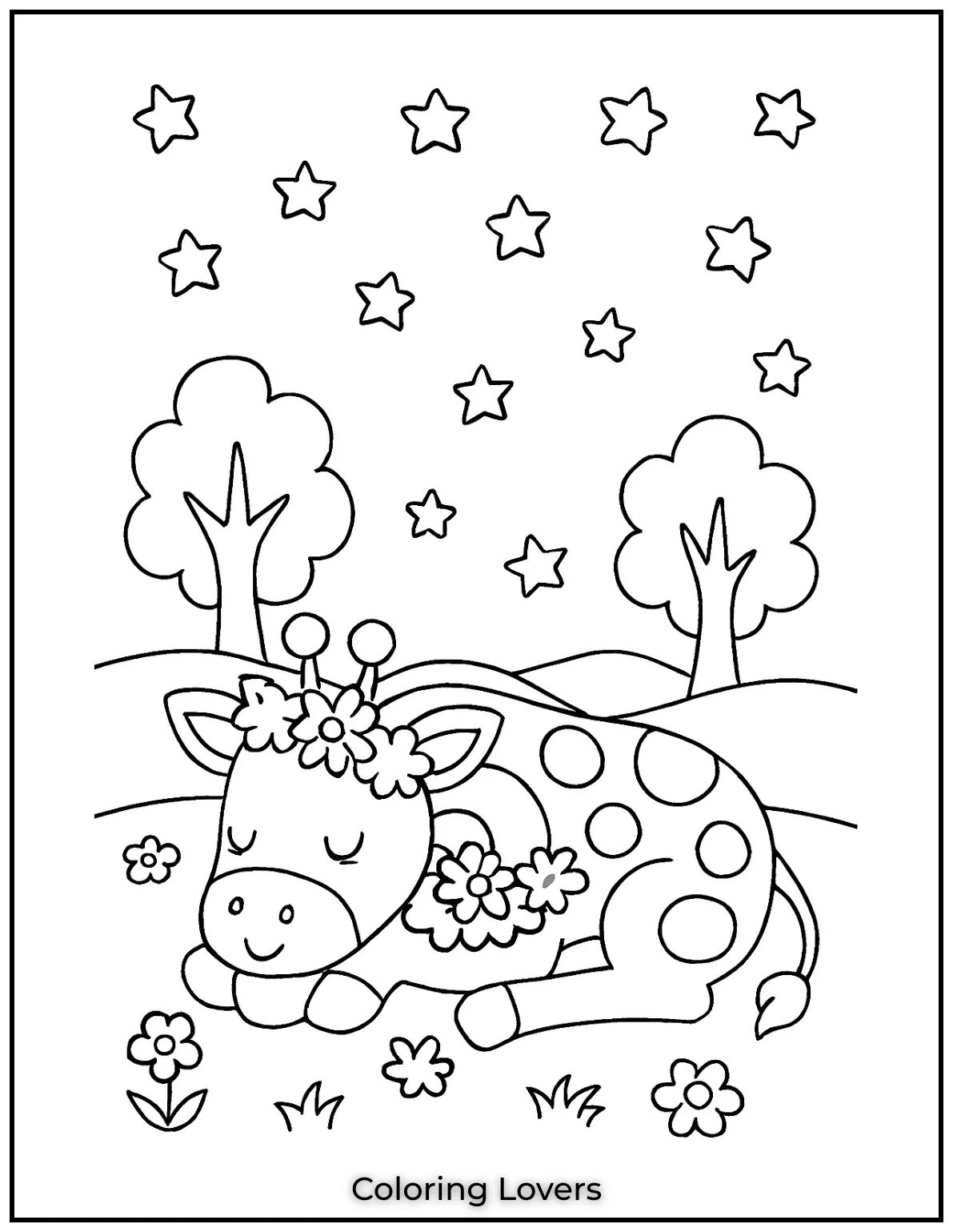 A baby giraffe sleeps peacefully under a sky full of stars