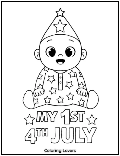 A baby in a star hat celebrates their first 4th of July with wide eyes and cozy pajamas.