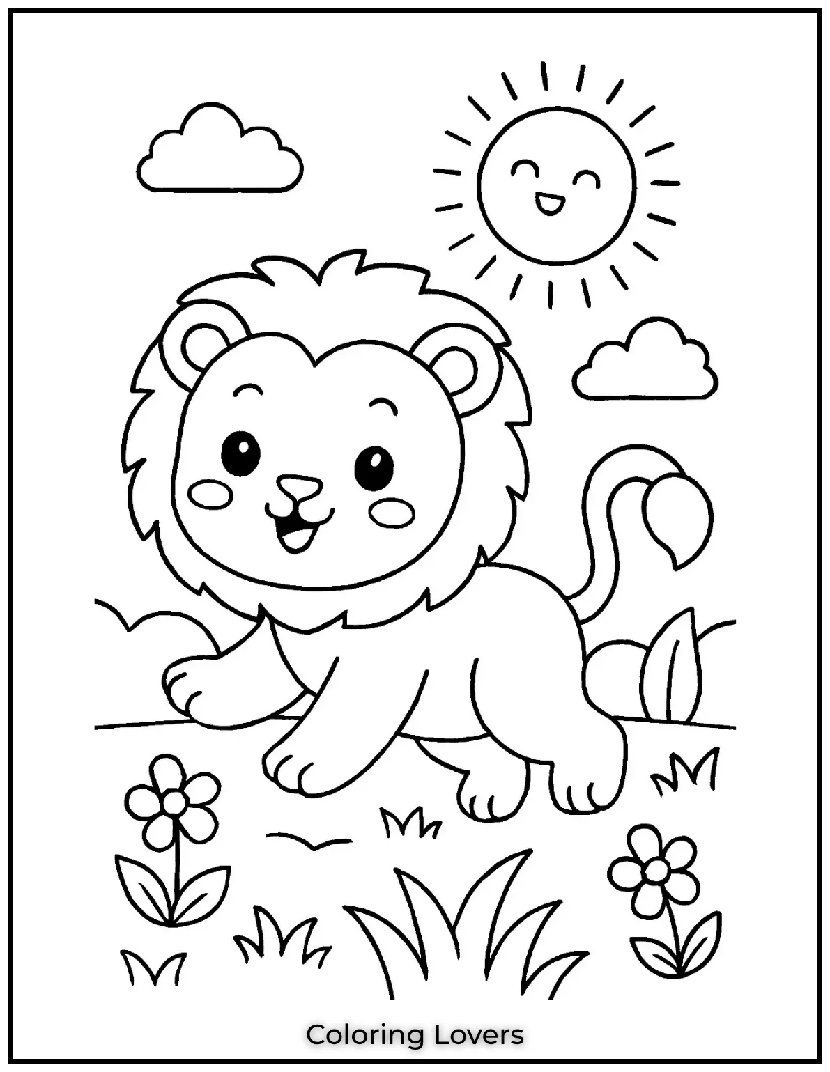 A baby lion cub plays under the sun. Kids can enjoy coloring sheets or coloring pages for easy fun ideas