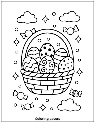 A beautifully woven basket filled with patterned Easter eggs