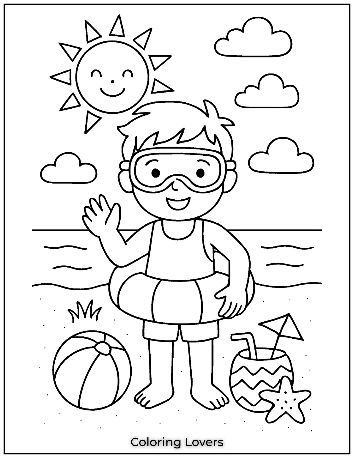 Summer Coloring Pages for Kids and Adults 9 A brave kid ready to dive into summer fun