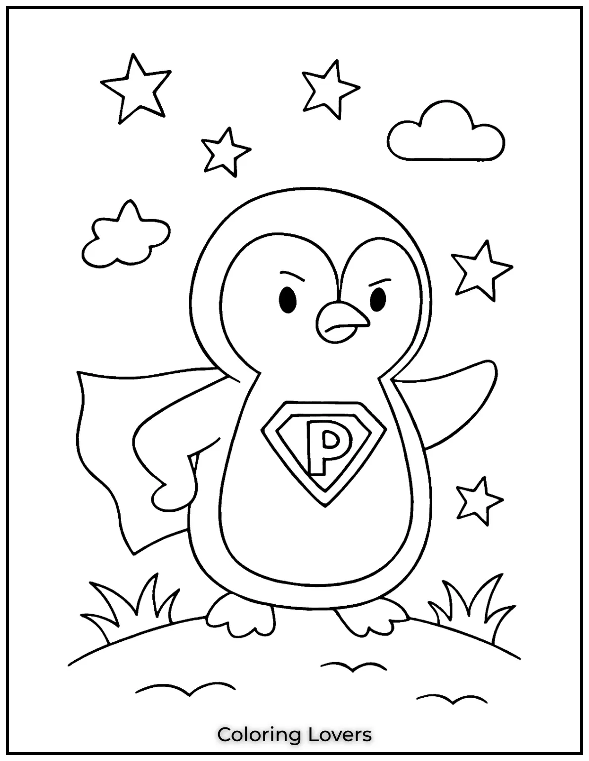 A brave penguin wears its cape and emblem ready for adventure. Kids can pick bold reds and blues to make this hero soar