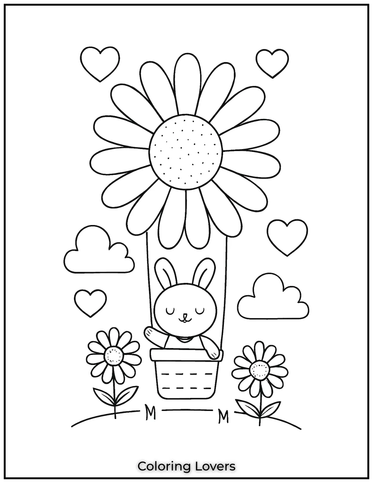 A bunny floats in a hot air balloon shaped like a daisy through the sky.