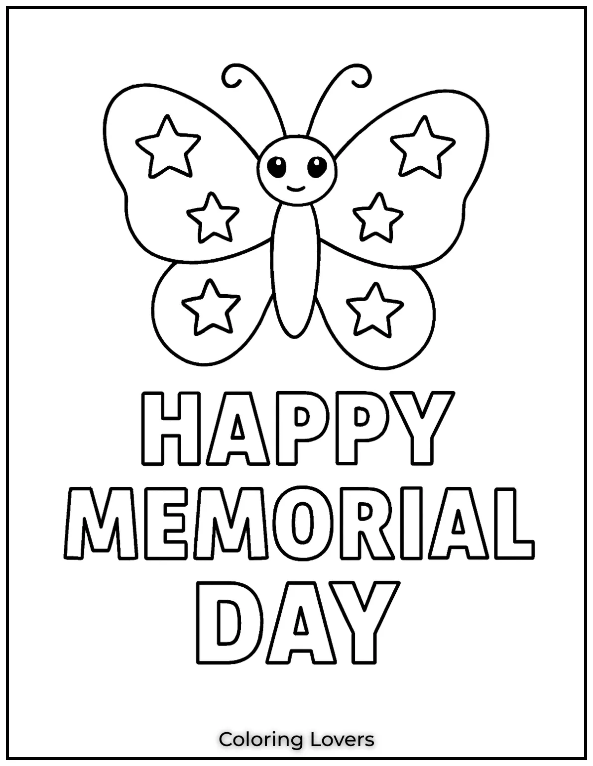 A butterfly with stars on its wings hovers above the words Happy Memorial Day. Simple and sweet for kids