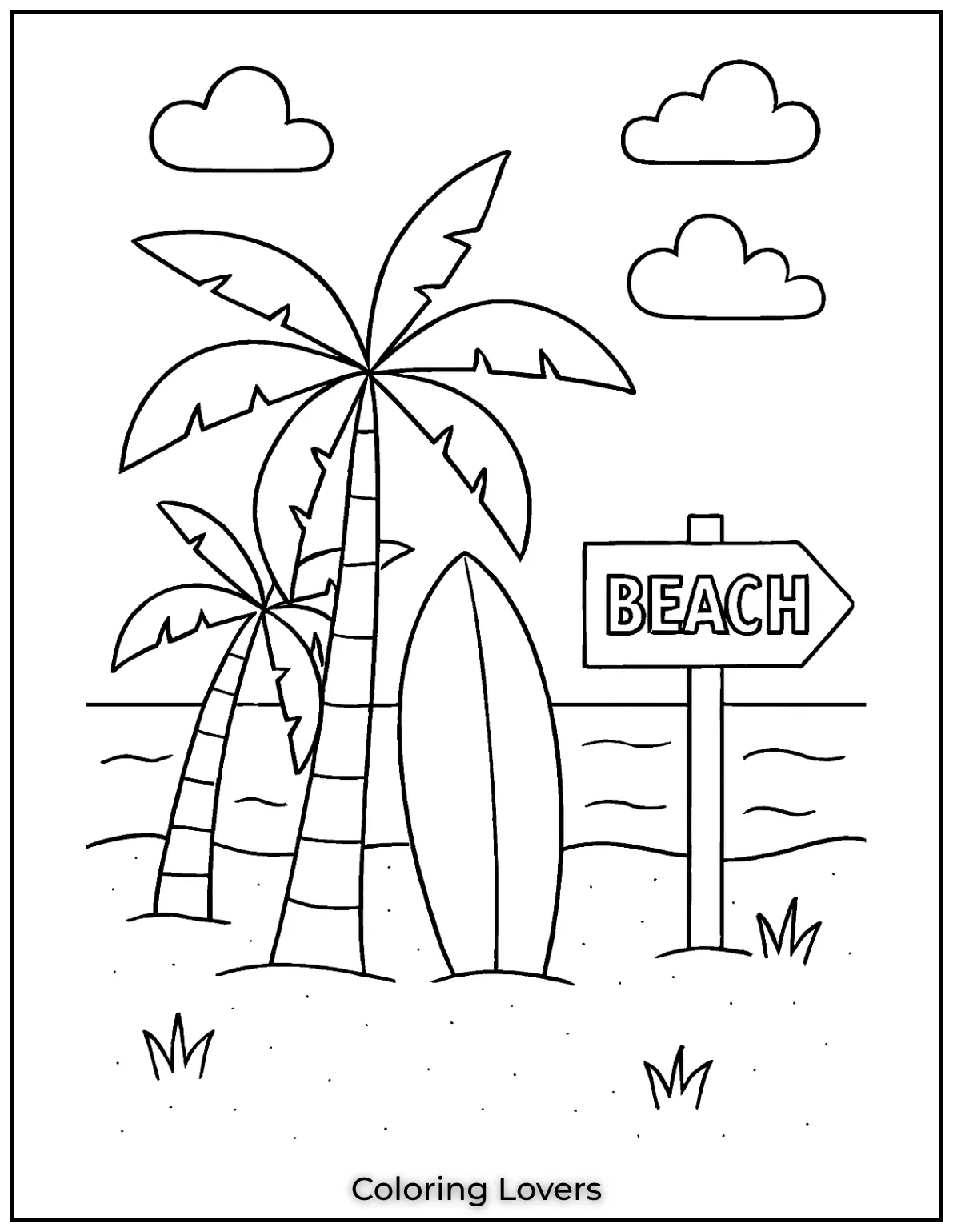 Summer Coloring Pages for Kids and Adults 8 A calm beach day with palm trees a surfboard and a signpost