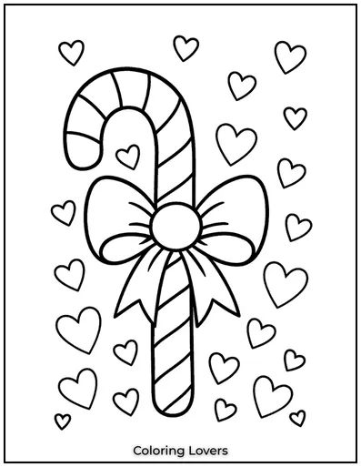 A candy cane wrapped with a beautiful bow and surrounded by hearts.