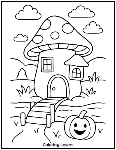 A charming mushroom house sits by the water. A wooden bridge leads to its cozy round door.