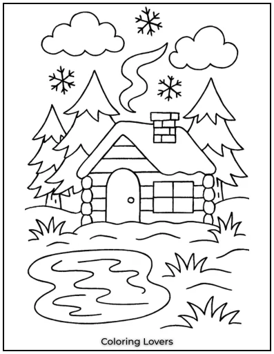A charming small cabin by a frozen lake, ready for skating. Perfect for house coloring pages fun.