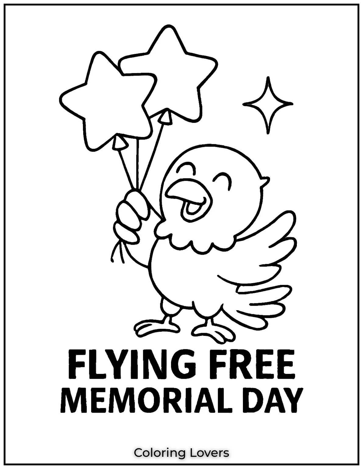 A cheerful bird lifts a bunch of star shaped balloons with pride. One of our sweetest printable Memorial Day coloring pages