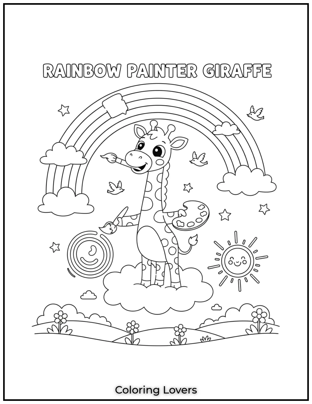 A cheerful giraffe paints a bright rainbow across the sky inspiring children with a Cute Coloring Idea