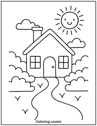 A cheerful home with a sloped roof and a sunny sky, ready for a splash of color to brighten its warm and inviting look.