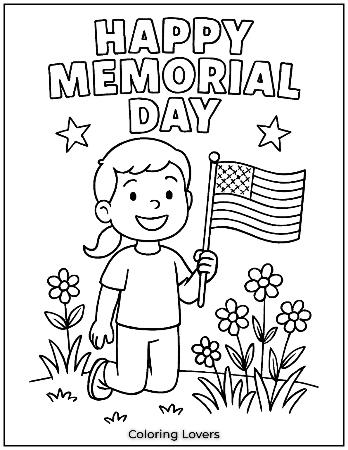 A cheerful kid stands in a field of flowers. He holds a flag below the bold words Happy Memorial Day