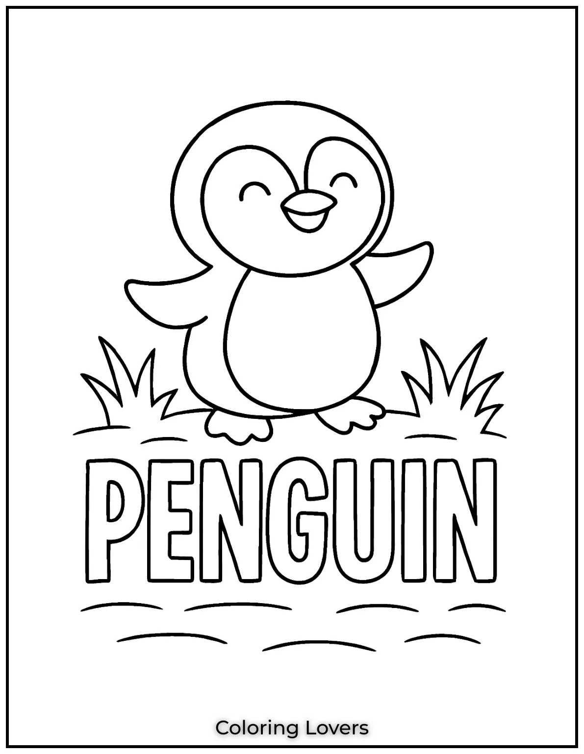 A cheerful penguin perches above chunky PENGUIN letters. Preschoolers can explore colors while learning letter shapes