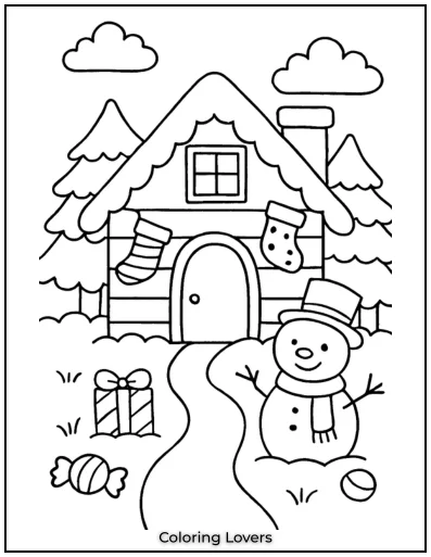 A cheerful snow-covered cabin stands tall. A happy snowman welcomes visitors with open arms.