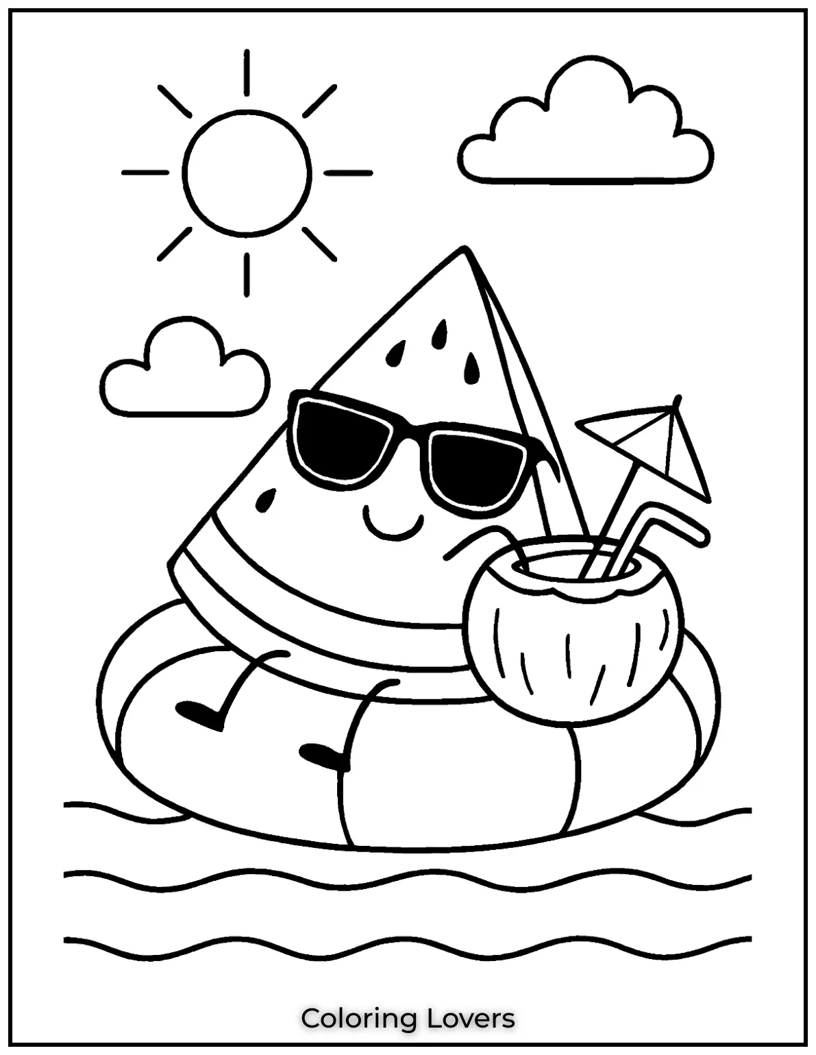 Summer Coloring Pages for Kids and Adults 16 A chill watermelon floats with a coconut drink under the summer sky