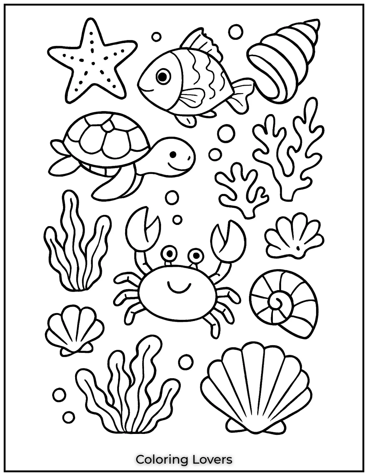 Summer Coloring Pages for Kids and Adults 15 A collection of ocean themed objects ready to be colored