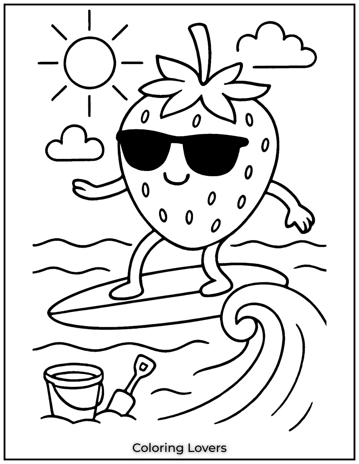 Summer Coloring Pages for Kids and Adults 18 A cool strawberry rides the waves under the shining sun
