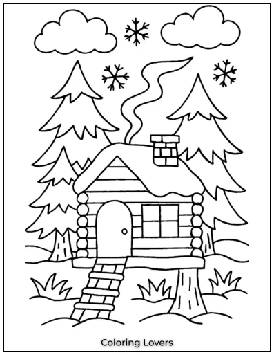 A cozy cabin surrounded by tall pine trees, covered in snow. A perfect winter escape in nature.