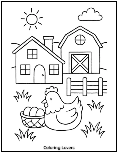 A cozy farmhouse stands beside a barn, while a hen guards its basket of eggs. A classic countryside morning.