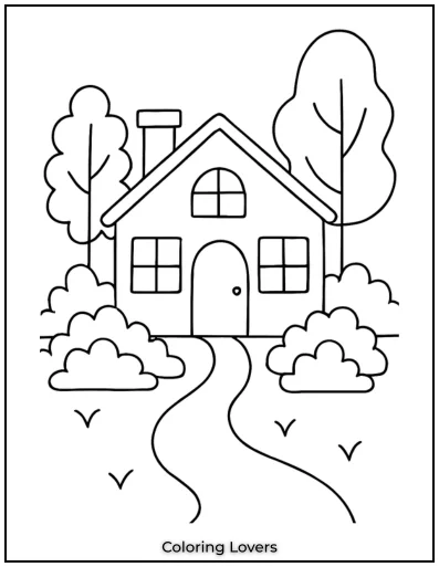 A cozy home with big windows and a welcoming door, standing peacefully among trees and bushes in a quiet setting.
