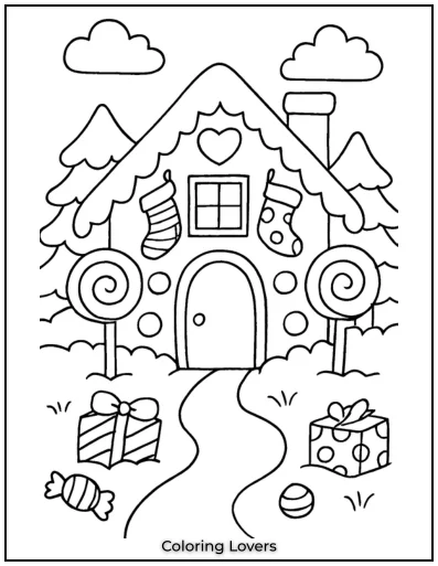 A cozy winter cottage is covered in soft snow. Stockings and presents make it feel like the holiday season.