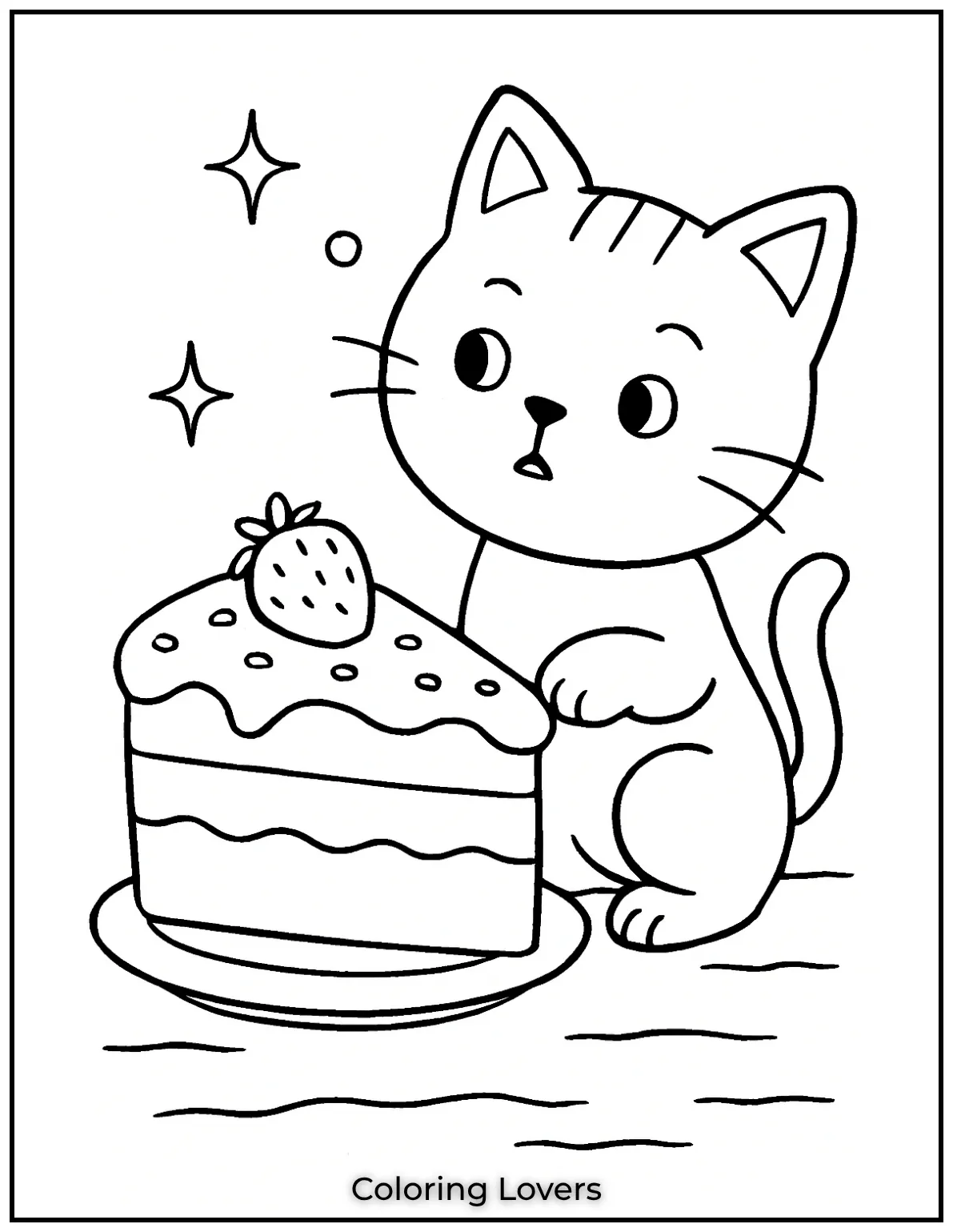 Fun and Free Cat Coloring Pages for Kids and Adults 28 A curious cat and a delicious slice of cake. What will happen next A delightful scene to color