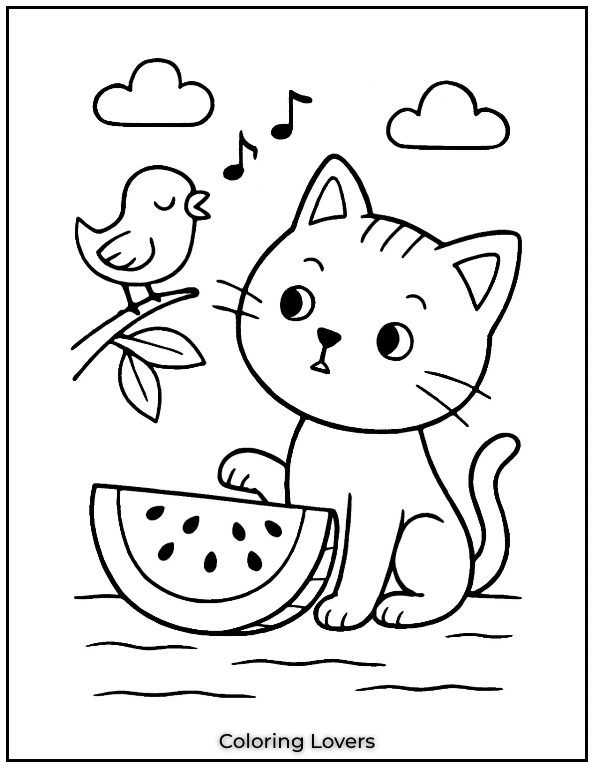 Fun and Free Cat Coloring Pages for Kids and Adults 31 A curious cat meets a singing bird. What a delightful moment to color and enjoy