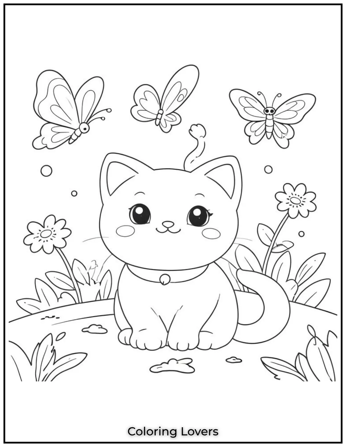 Fun and Free Cat Coloring Pages for Kids and Adults 55 A curious cat surrounded by butterflies and blooms ready to be brought to life with your colors