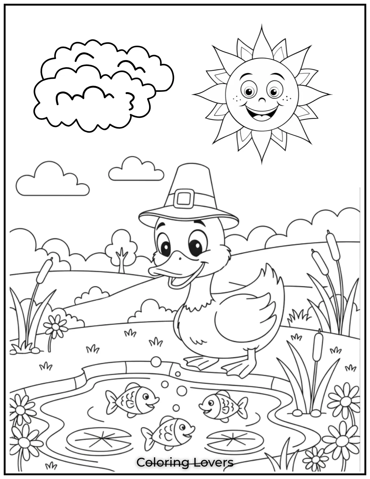 Duck Coloring Pages That Kids Like the Most 34 A curious duck watches the fish in the pond. Kids will love adding color to this playful scene