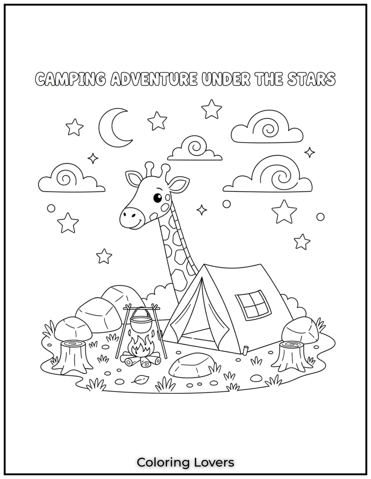 A curious giraffe enjoys camping under twinkling stars giving kids a fun and adorable Coloring Pages adventure