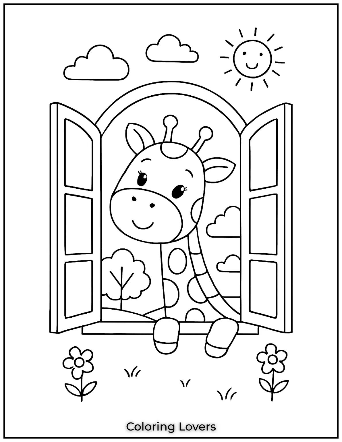 A curious giraffe peeks out from behind the window