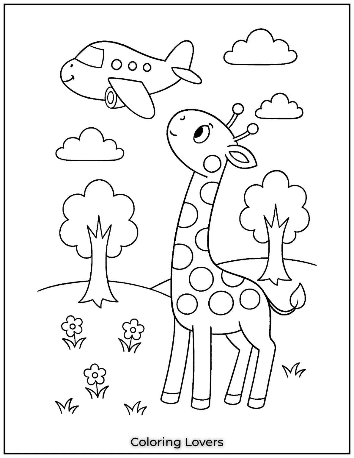 A curious giraffe watches as an airplane flies by overhead.