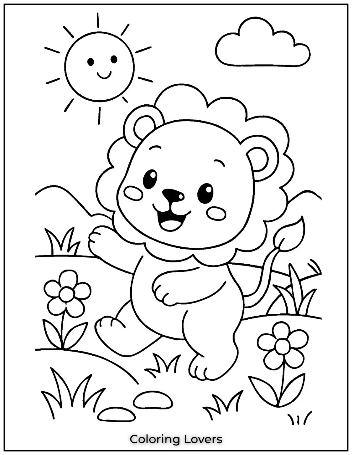 A cute baby butterfly flutters over colorful flowers. Simple coloring sheets and coloring pages give kids fun easy coloring ideas