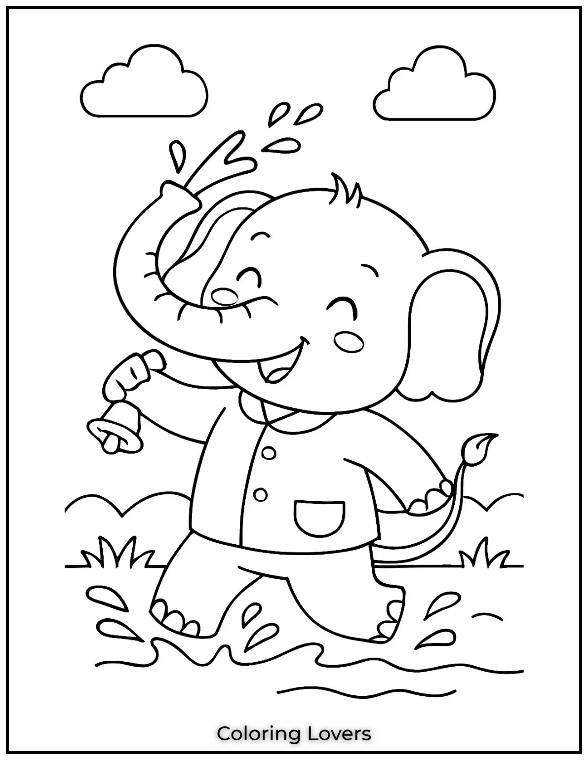 A cute baby elephant splashes happily in water. Kids can enjoy coloring sheets or easy coloring pages with fun simple ideas