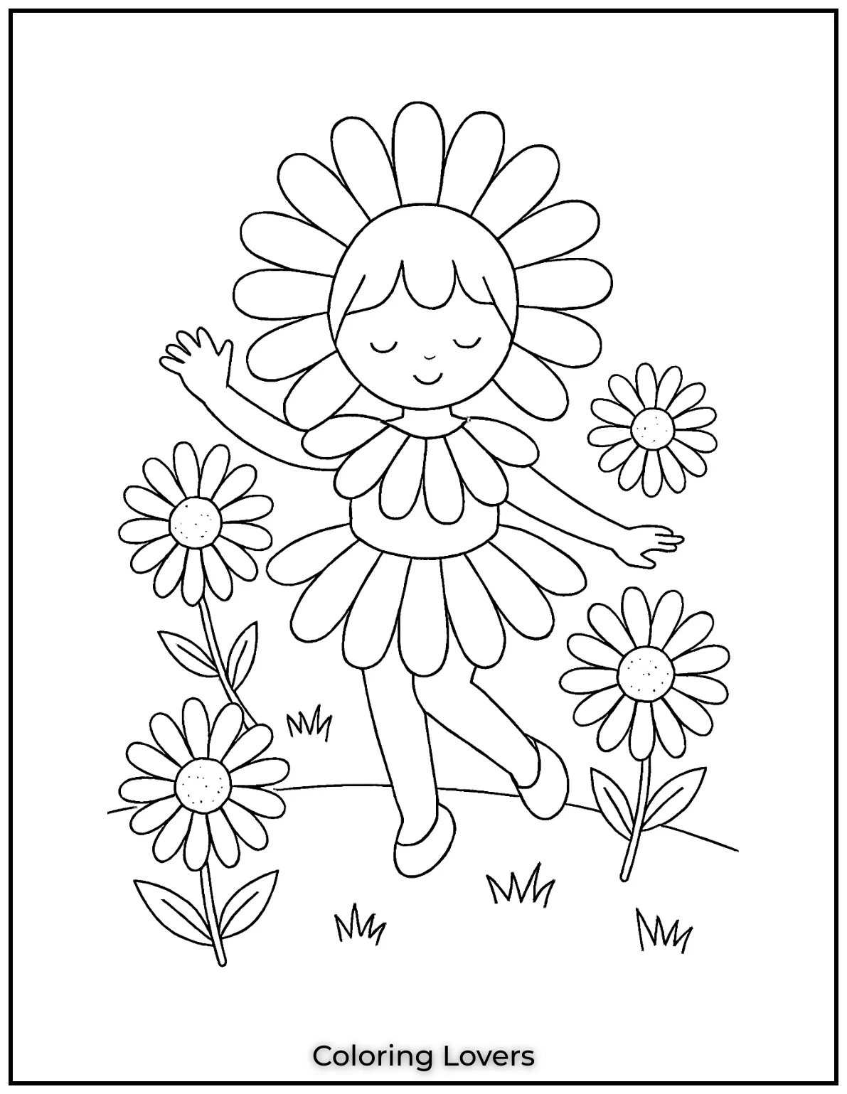 A cute girl dressed as a daisy twirls among blooming flowers.