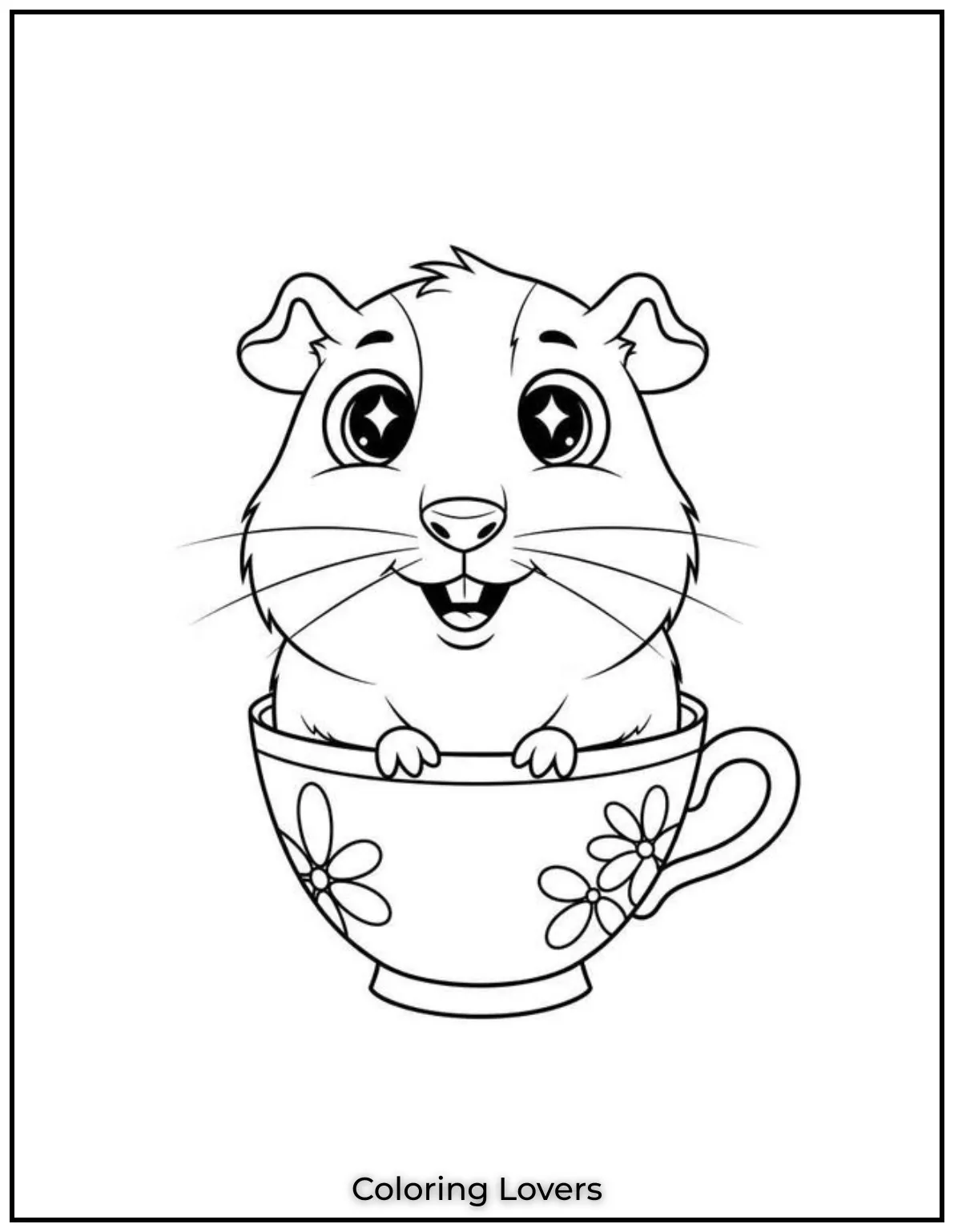 A cute hamster peeks out from a teacup with sweet charm. Cozy calm and totally color ready