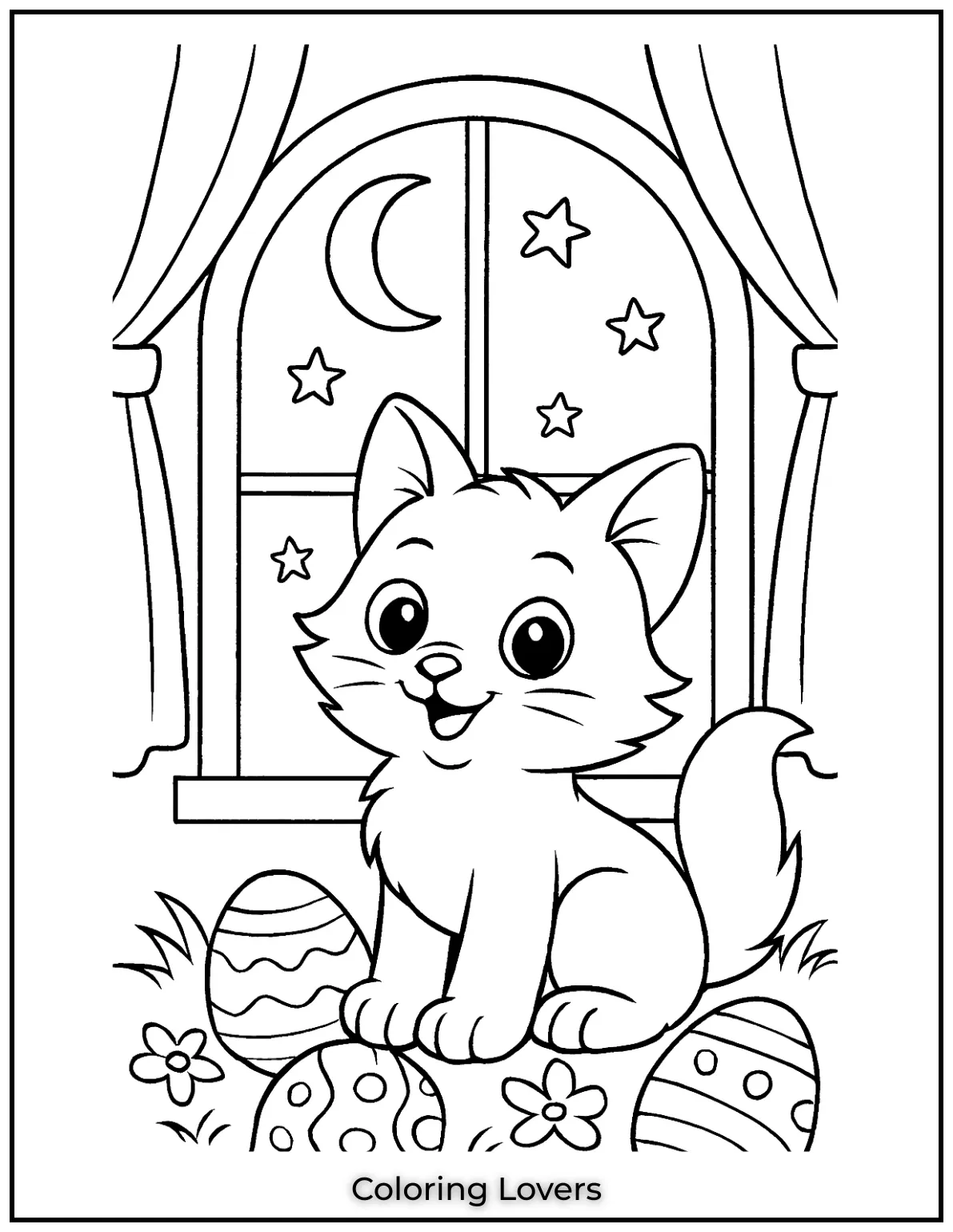 A cute kitten sitting by the window with stars in the night sky