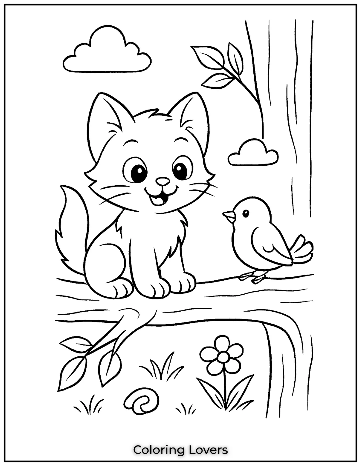 A cute kitten sitting on a tree branch with a bird nearby in this fun coloring sheet