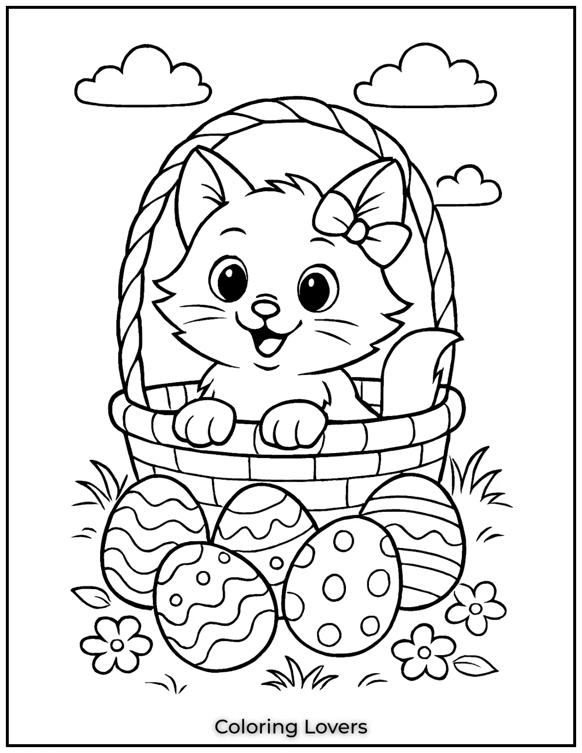 A cute kitten with a bow sitting in an Easter basket surrounded by decorated eggs in this festive scene