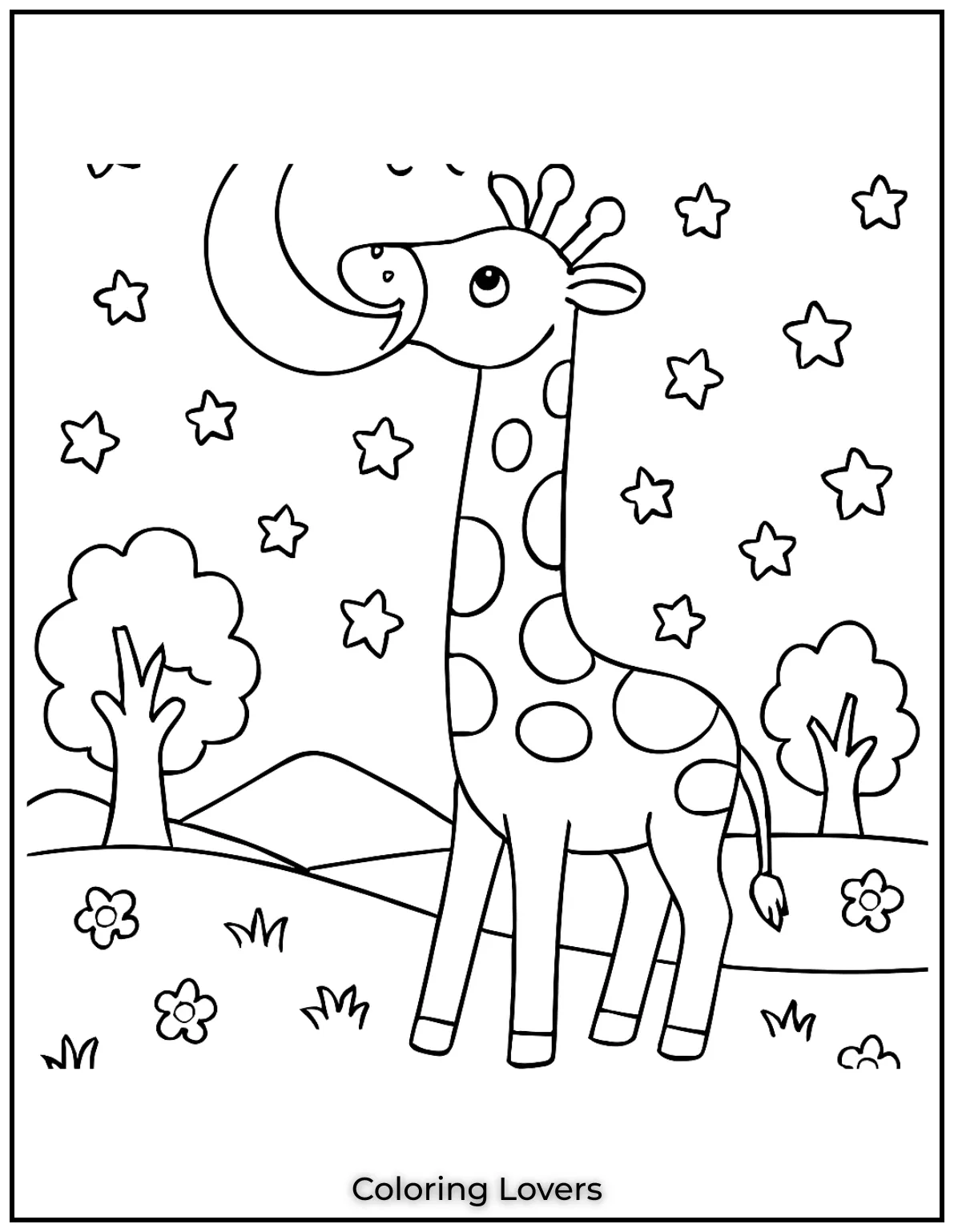 A dreamy giraffe tries to reach the moon under a sky full of stars.