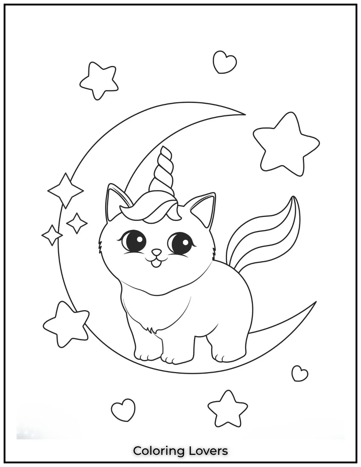 Fun and Free Cat Coloring Pages for Kids and Adults 19 A dreamy unicorn cat snug on a crescent moon. Perfect for bedtime coloring fun