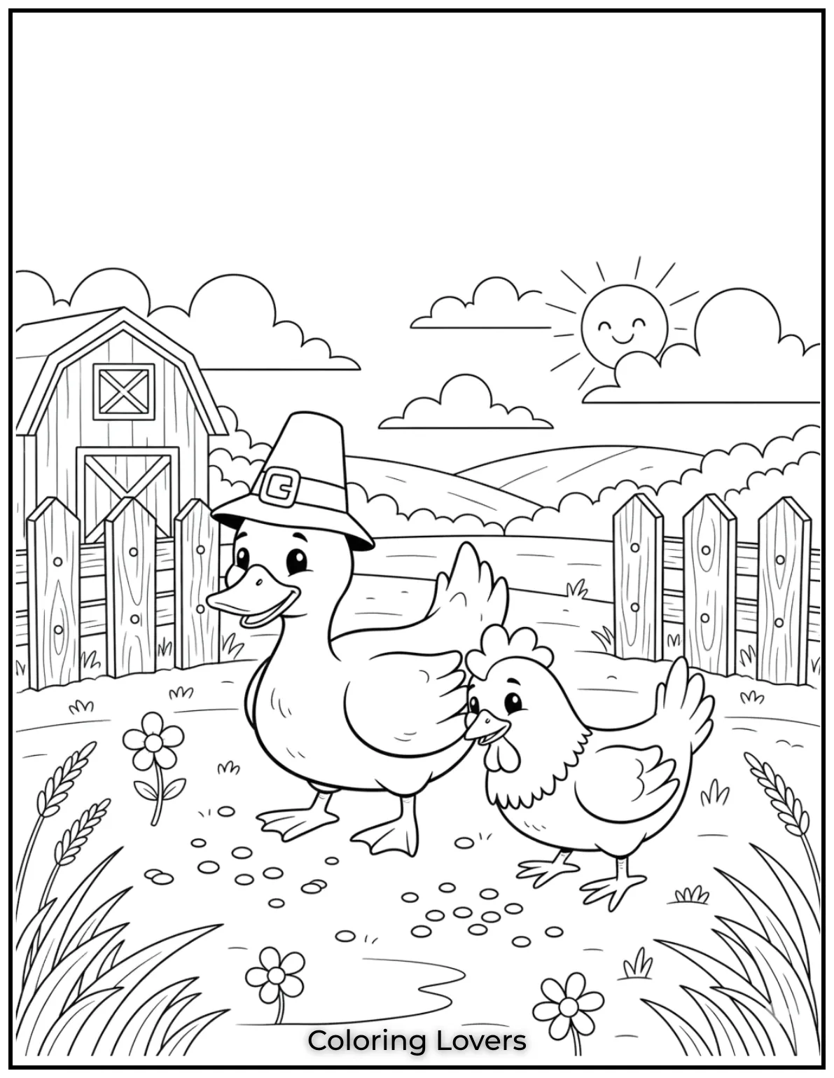 Duck Coloring Pages That Kids Like the Most 31 A duck and a chicken pecking at seeds together. What a peaceful farm scene for kids to color