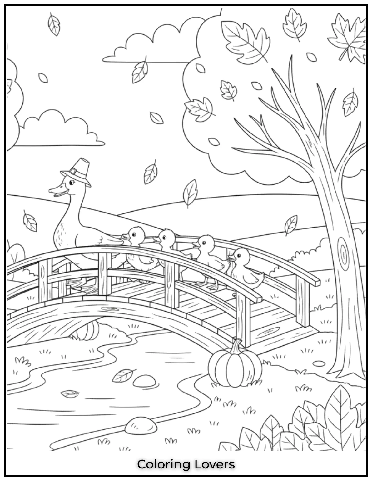 Duck Coloring Pages That Kids Like the Most 9 A duck family crossing a bridge on an autumn day. Kids can bring this fall scene to life with warm colors