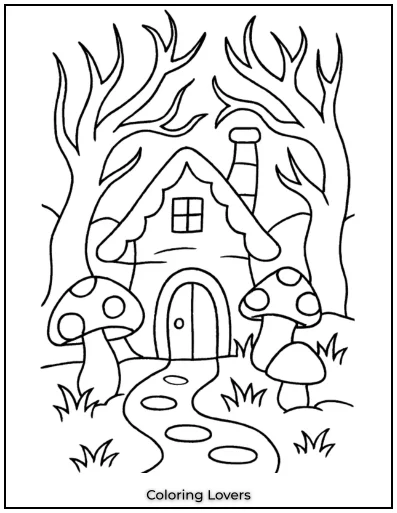 A fairy-tale house hides deep in the forest. Twisted trees and giant mushrooms add to its magical charm.