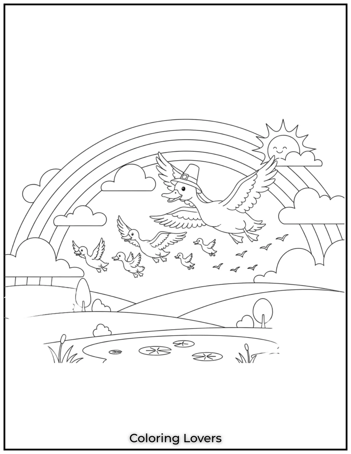 Duck Coloring Pages That Kids Like the Most 36 A family of ducks soaring under a rainbow