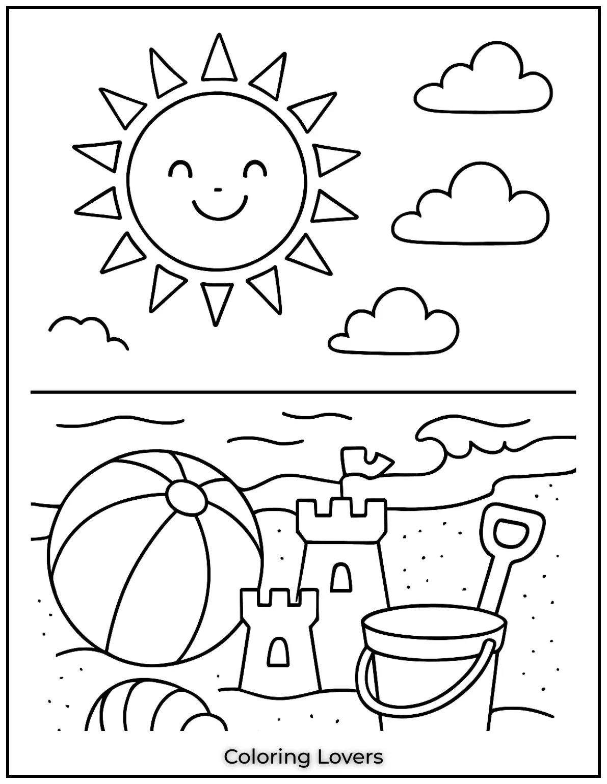 Summer Coloring Pages for Kids and Adults 3 A fun beach scene with a smiling sun and classic summer toys