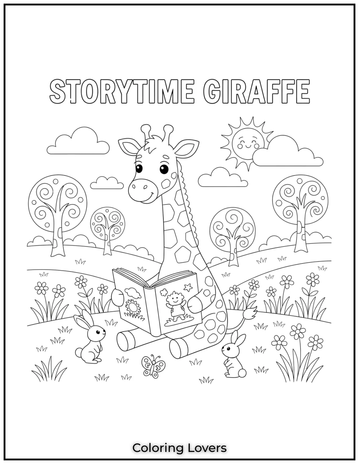 A gentle giraffe reads a storybook in a peaceful meadow offering kids an easy Coloring Sheets moment